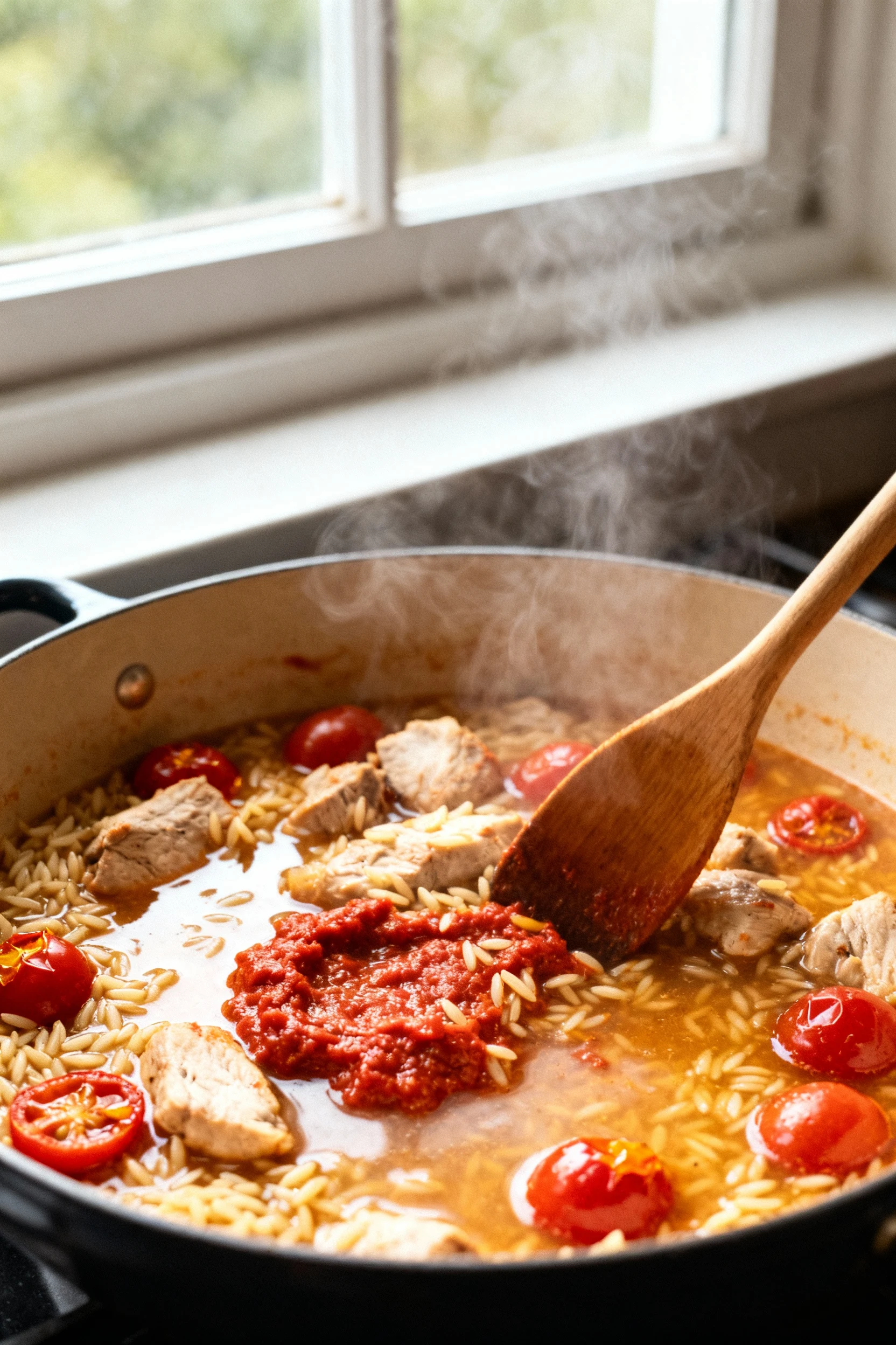 Cooking process: turkey and orzo gently simmering in deglazed chicken broth; tomato‑paste sauce, fond being scraped with