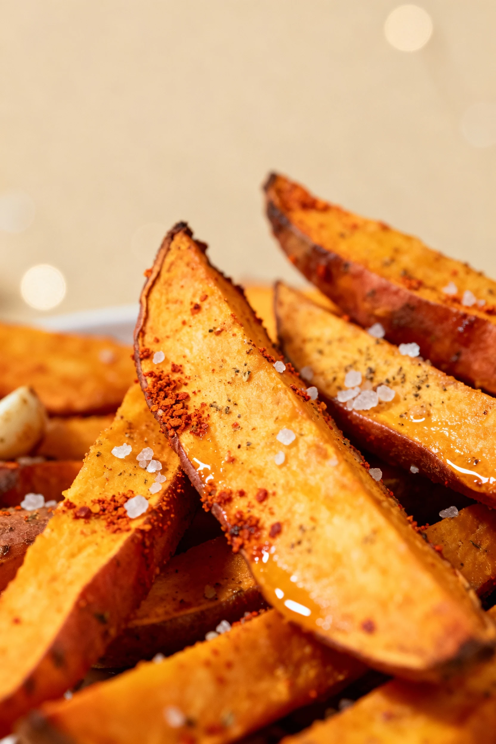 Close-up of golden, crispy sweet potato wedges fresh from the air fryer, edges dusted with paprika and garlic powder, sh