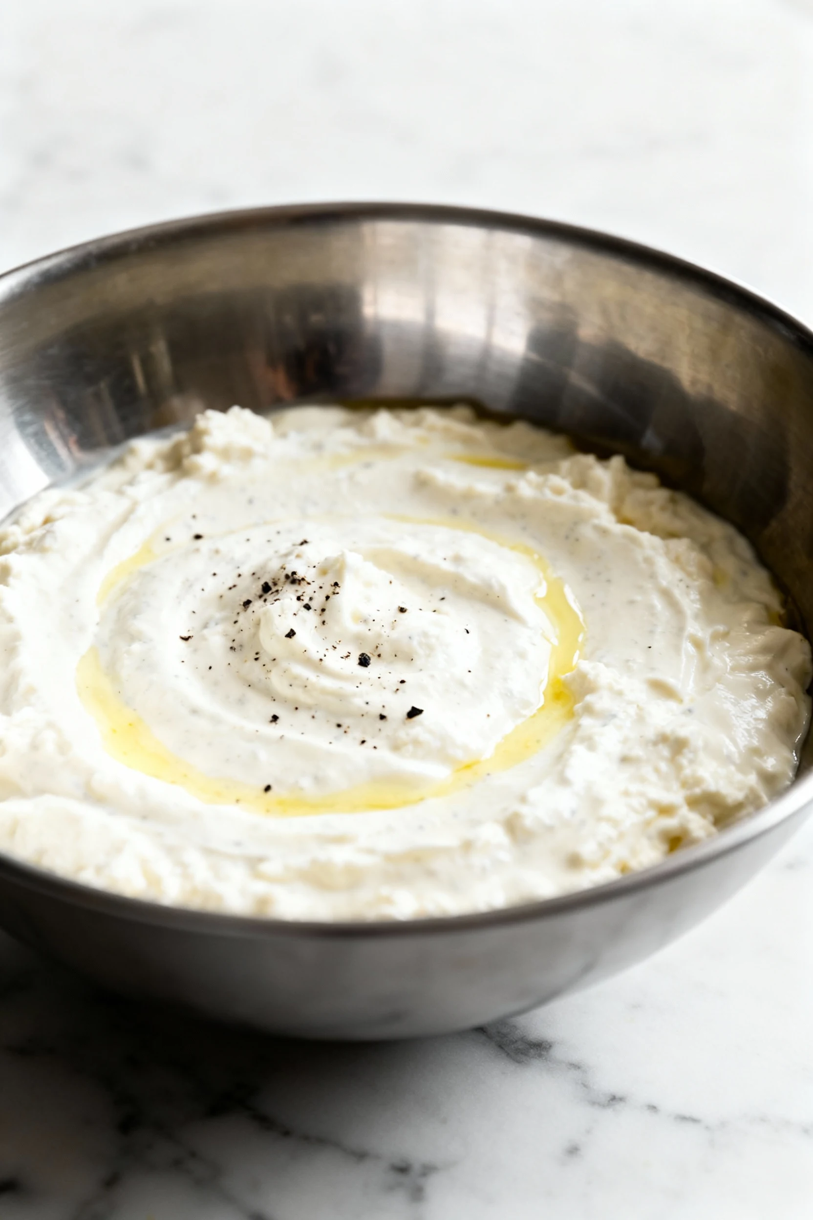 Close-up of the creamy high-protein dressing (cottage cheese + Greek yogurt + Dijon + lemon) whisked ultra-smooth in a s