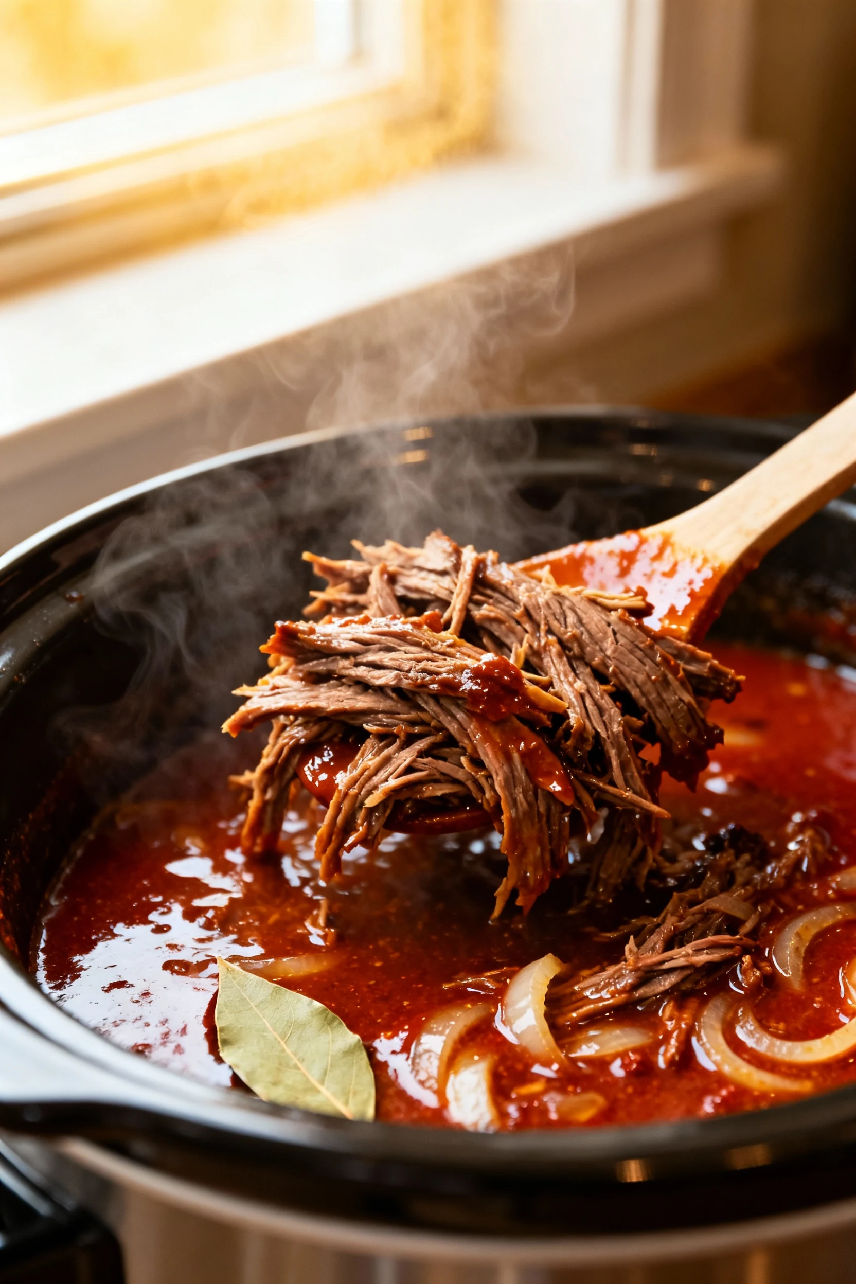 Close-up detail: shredded chuck roast being folded into its glossy chipotle-adobo sauce in the slow cooker after de-fatt