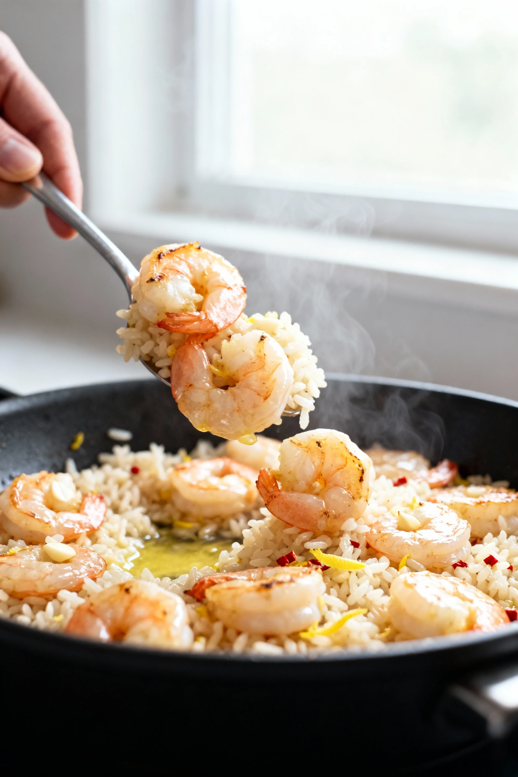 Cooking process: Garlic Butter Shrimp Rice being tossed in a black skillet—plump, opaque shrimp with light sear, fluffy 