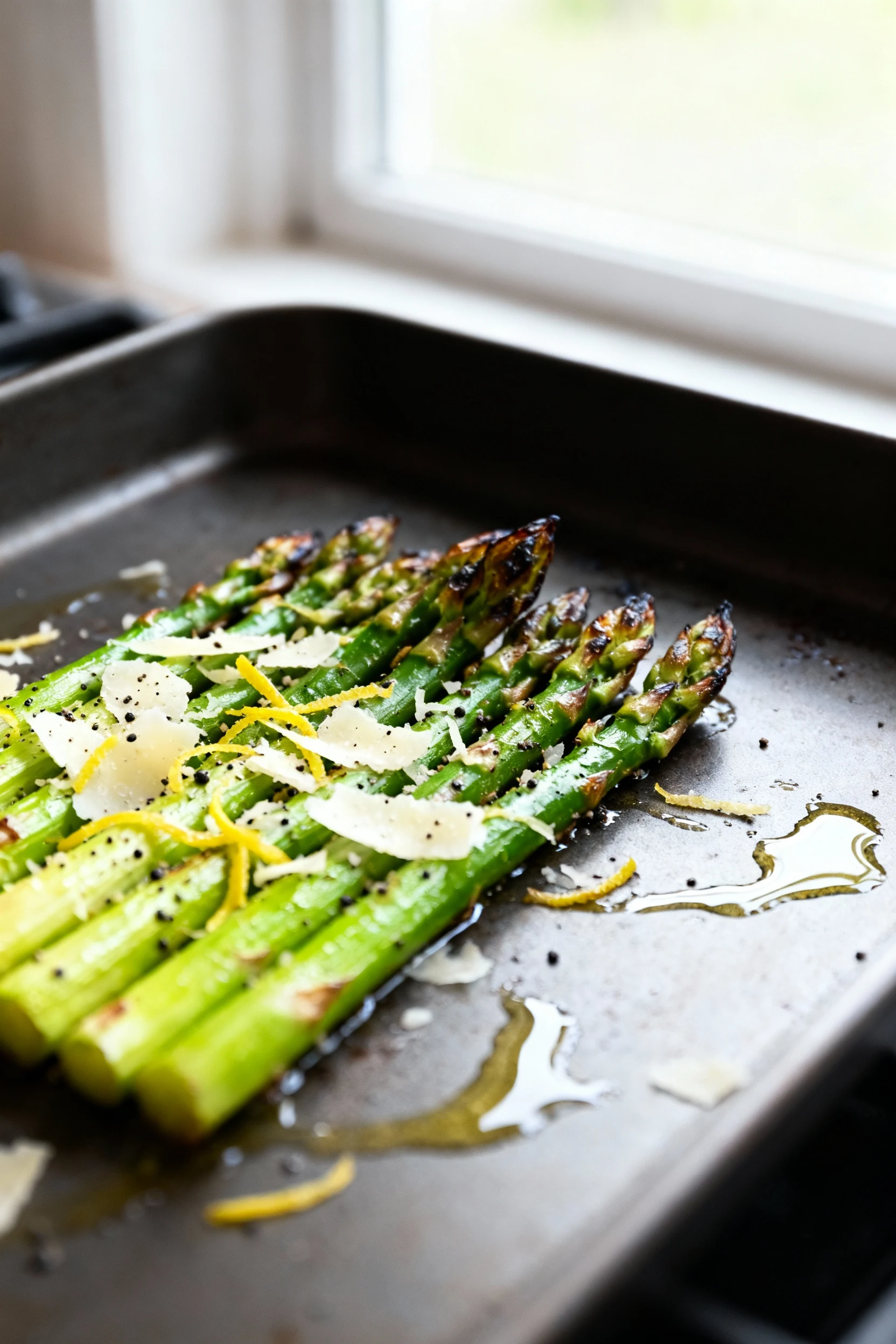 Close-up of roasted asparagus on a hot sheet pan: bright green spears with lightly blistered tips, lemon zest and shaved