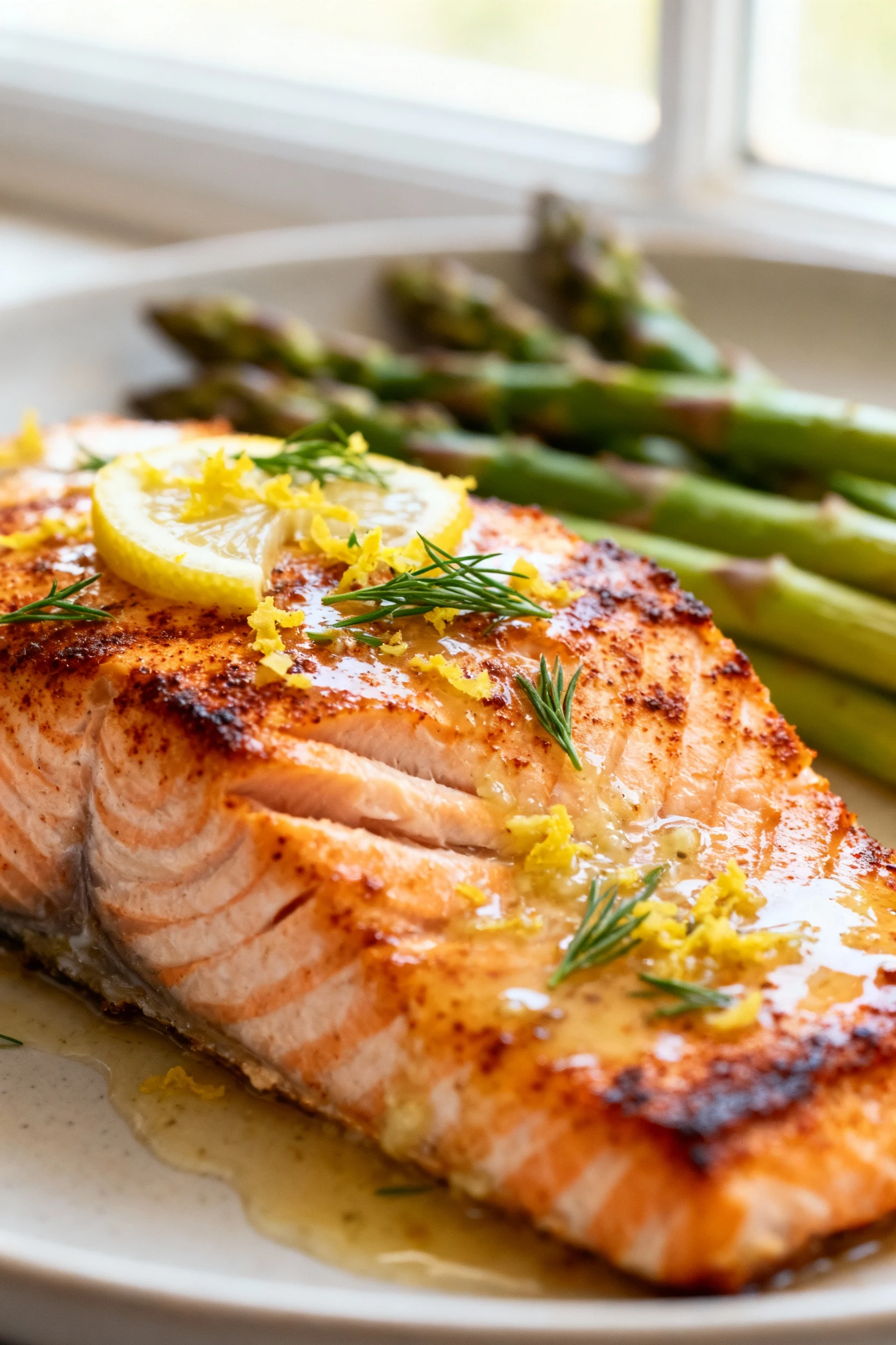 Close-up of roasted salmon fillet showing moist, flaky layers and lightly crisp edges, lemon-garlic glaze with smoked pa
