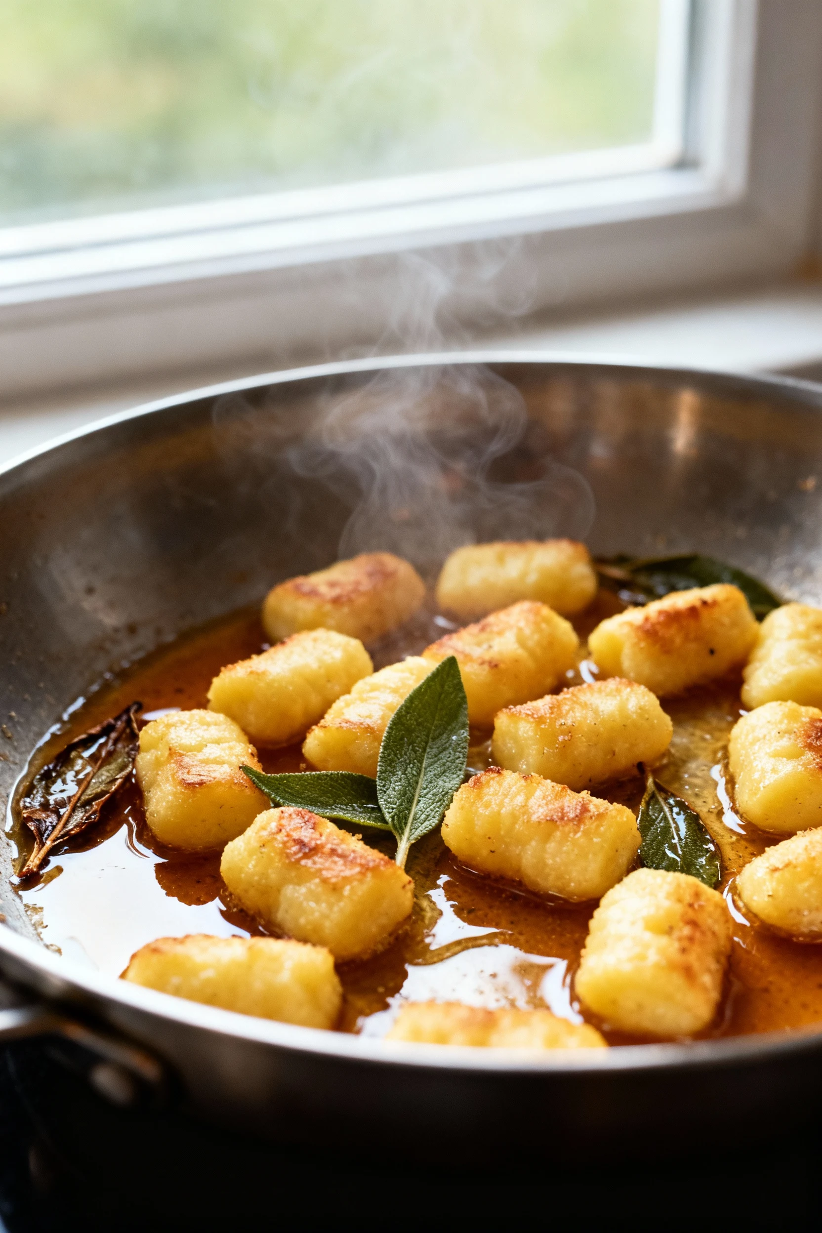 Brown Butter Sage Gnocchi searing in a stainless skillet, close-up of crisp golden gnocchi bathing in glossy brown butte
