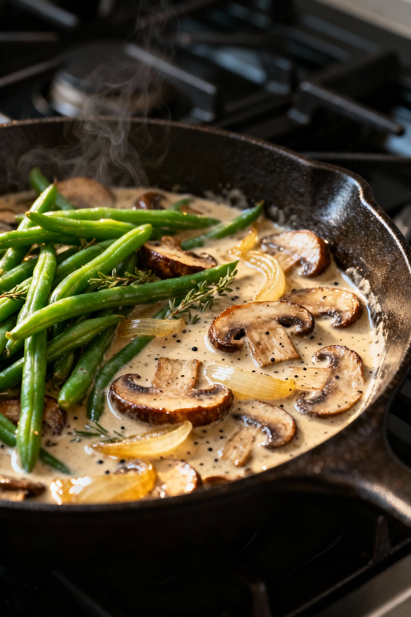 Cooking process — Crisp-tender blanched green beans being folded into a silky mushroom–thyme cream sauce in an oven-safe