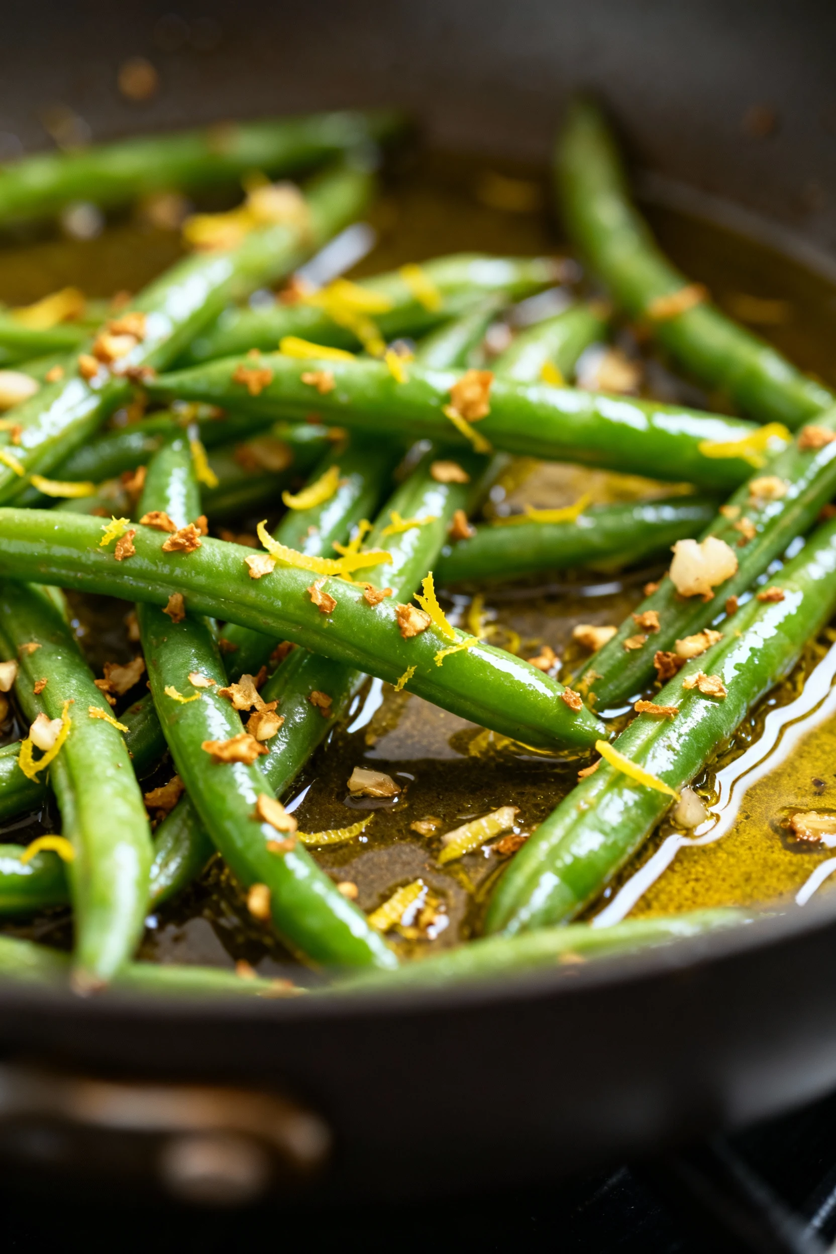 Close-up of freshly sautéed green beans glistening in olive oil, speckled with golden-brown minced garlic and bright fle