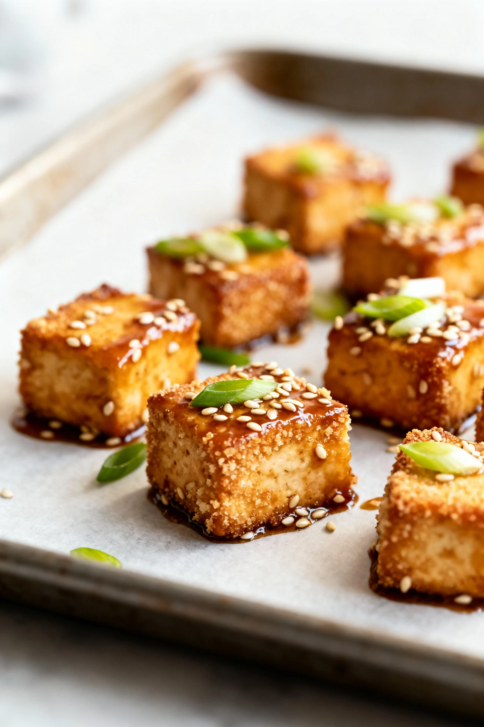 Close-up of Sticky Garlic-Soy Sesame baked tofu cubes with ultra-crispy cornstarch micro-crust and glossy, clinging glaz