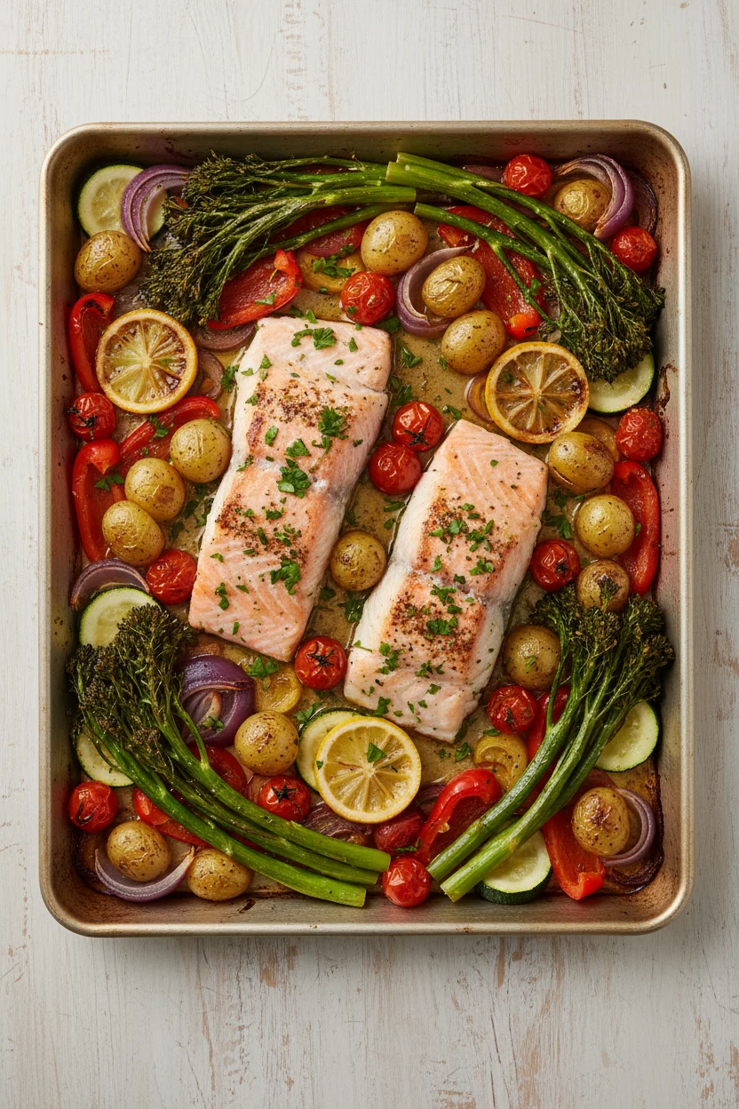Overhead shot of the finished sheet pan: pink salmon and white cod fillets atop roasted broccolini, zucchini, red bell p