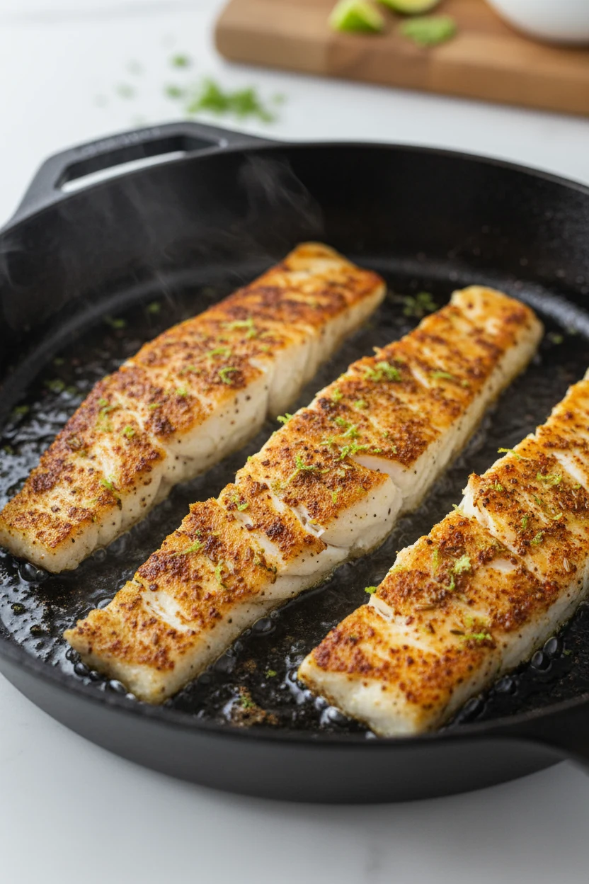 Cooking process: close, three-quarter angle of pan-seared white fish strips with a chili powder, cumin, and smoked papri