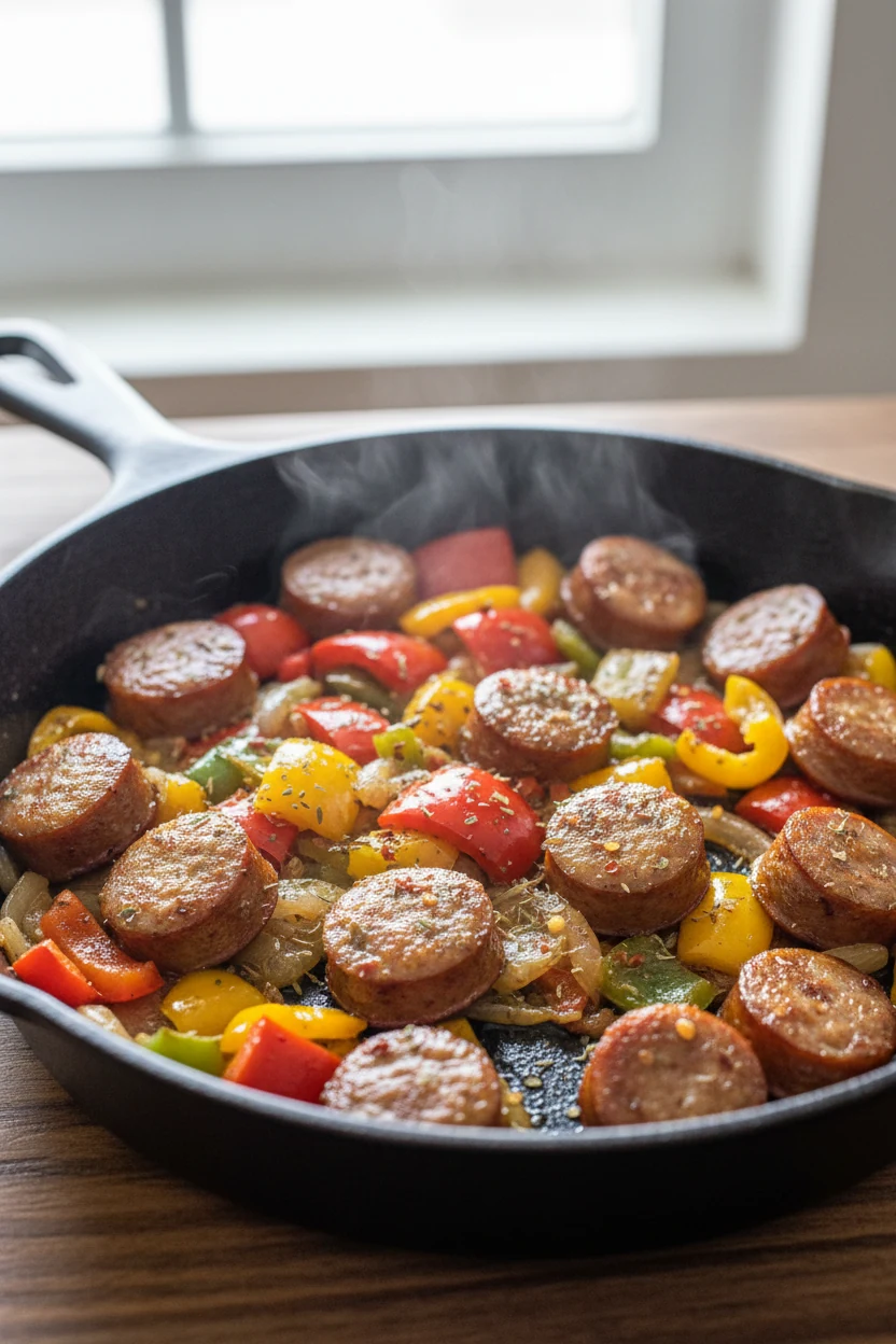 Cooking process — Sausage and Peppers Skillet: browned Italian sausage coins with crisped edges tossed with tricolor bel