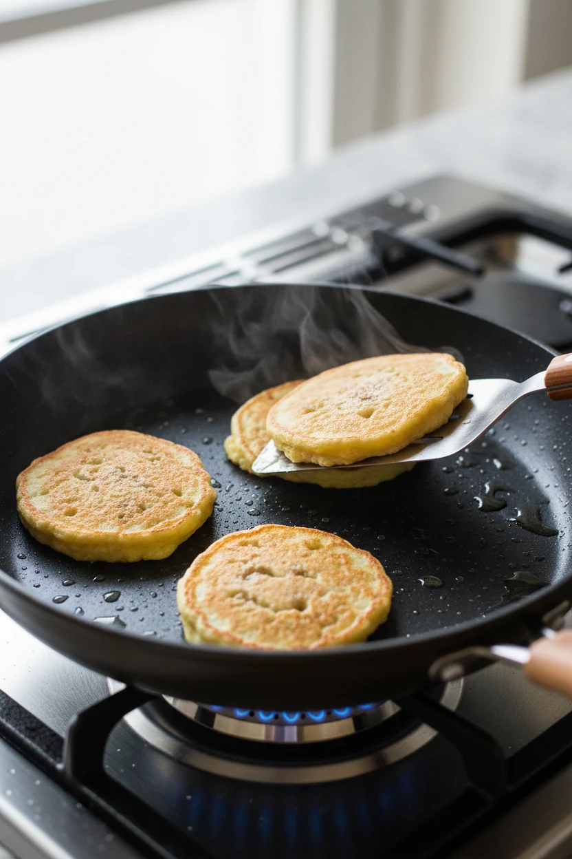 Banana egg pancakes cooking in a lightly oiled nonstick skillet: three small rounds with golden edges and tiny bubbles, 
