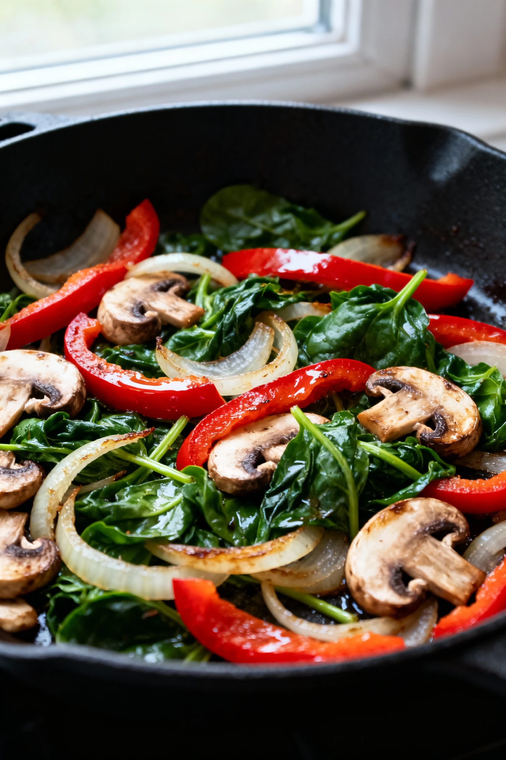 Food photography, 1. Close-up of sautéed onions, red bell peppers, and mushrooms with wilted spinach in a black skillet—