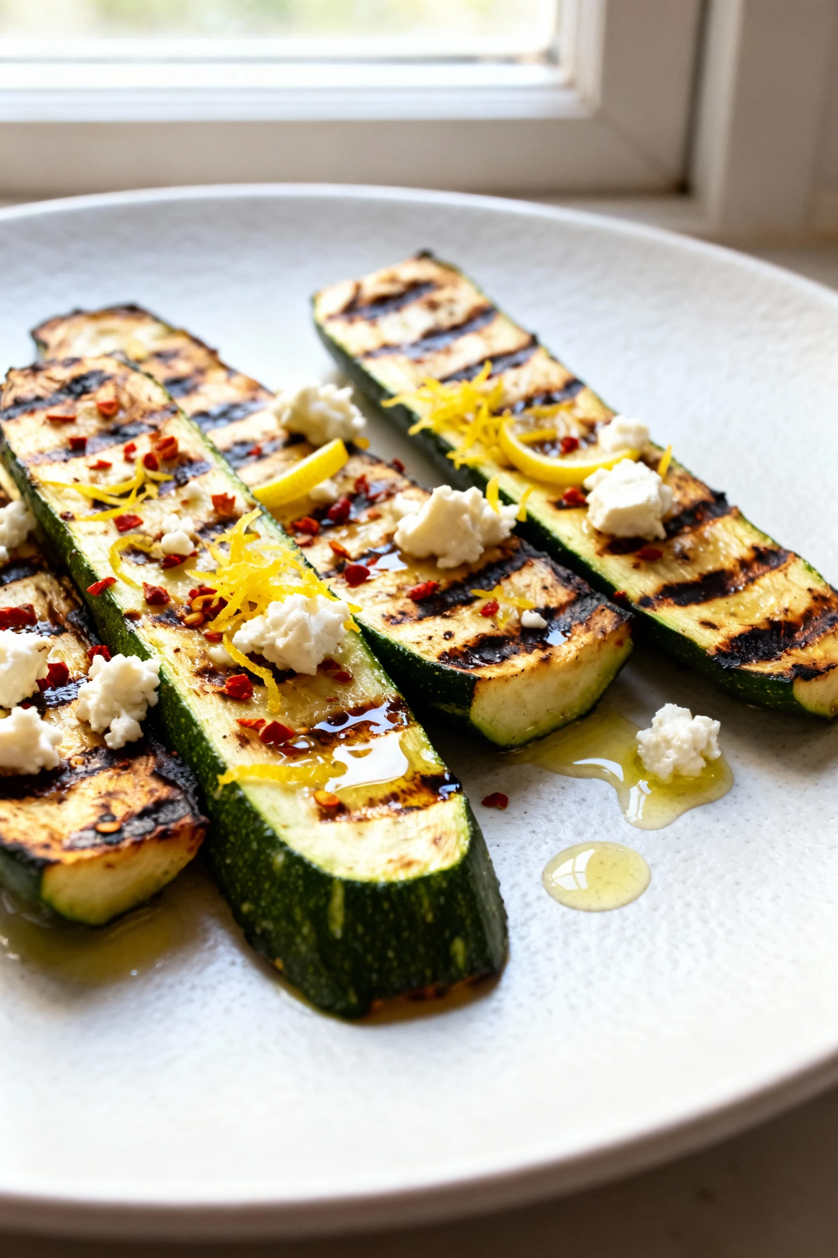 Close-up of grilled zucchini planks with deep char marks, olive oil sheen, lemon zest and chili flakes, topped with crum