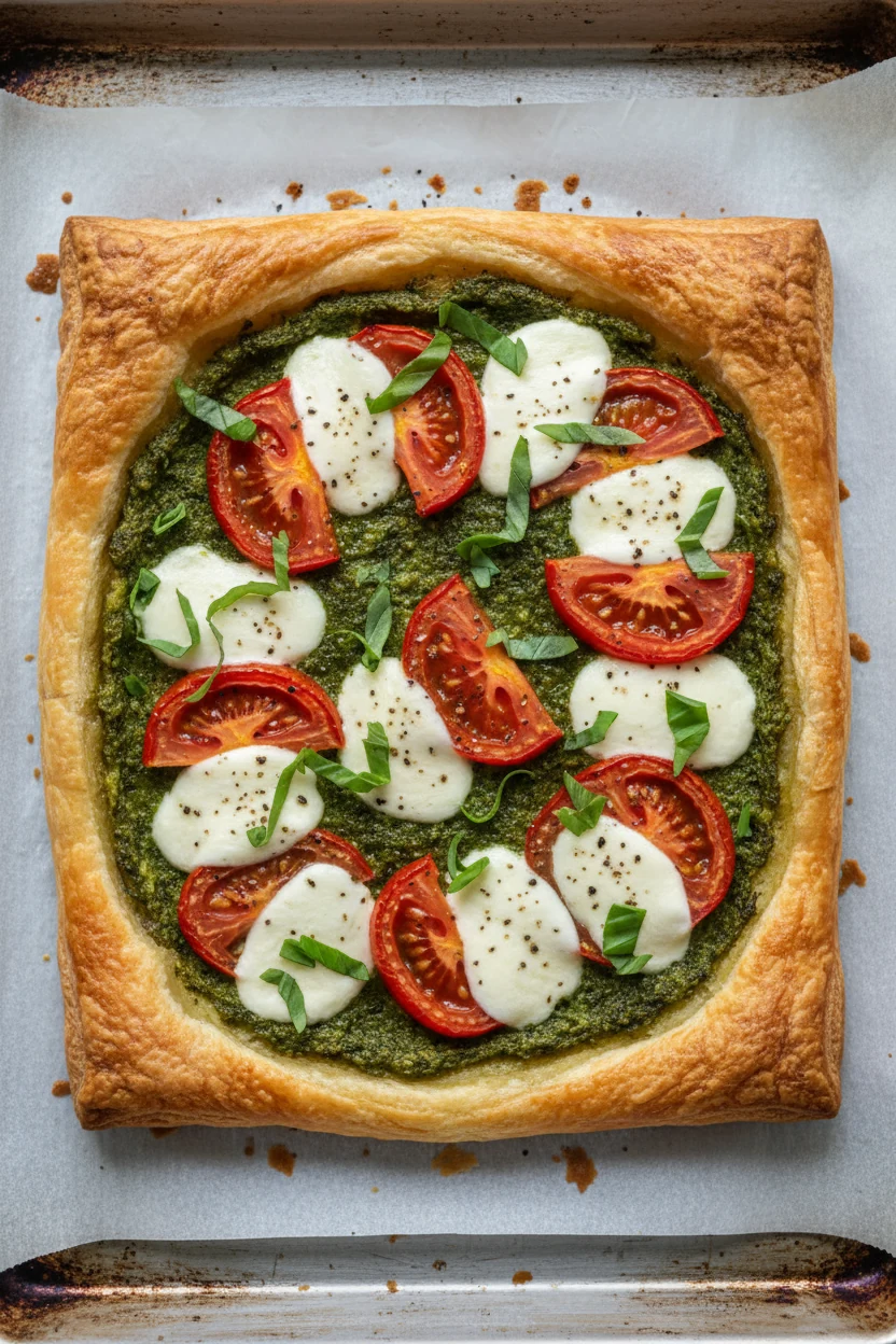 Overhead shot of a pesto–tomato–mozzarella framed puff pastry tart: puffed 1/2-inch border, docked center topped with ba