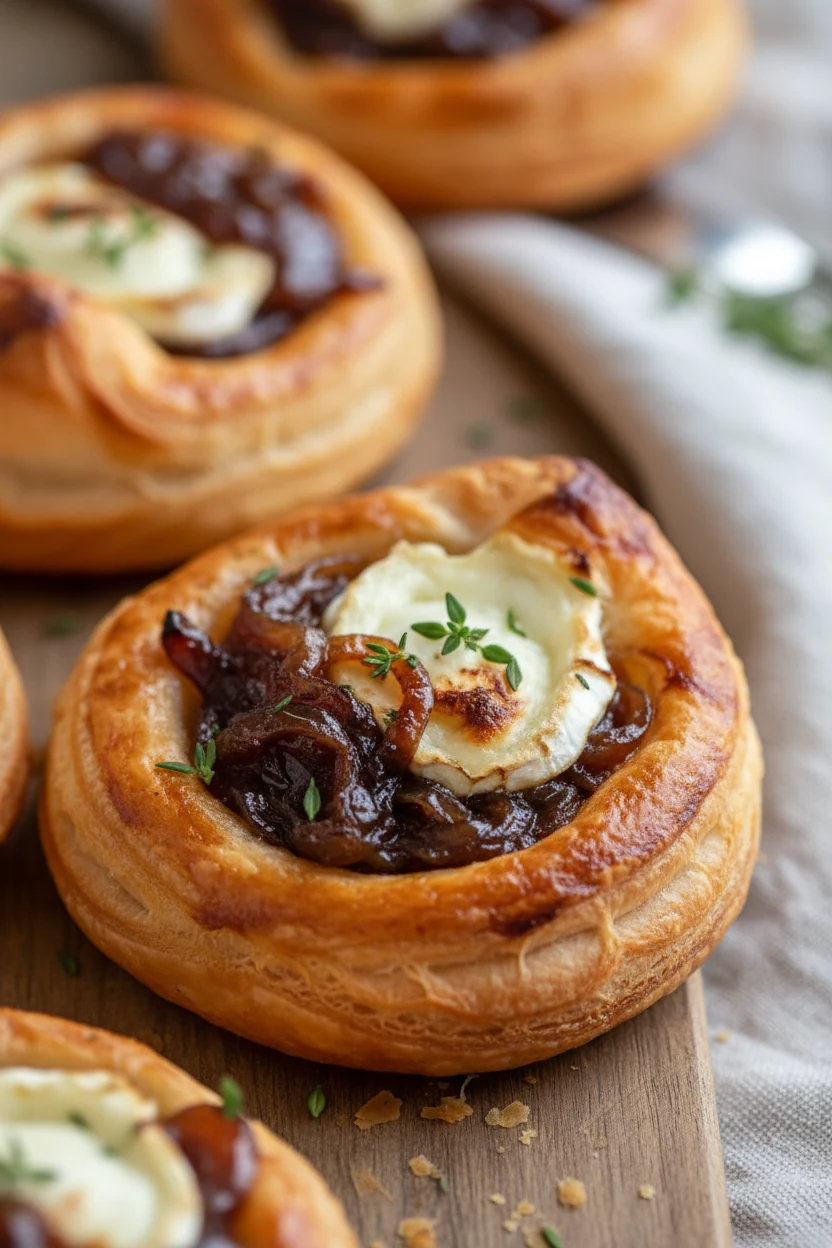 Close-up detail: baked caramelized onion & goat cheese puff pastry bite, deep golden flaky layers with glossy egg-wash s