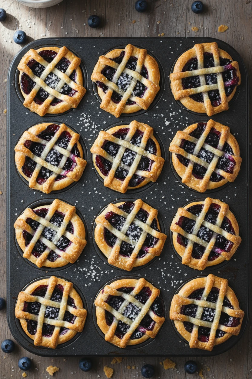 2. Overhead shot of blueberry cobbler cups: muffin tin filled with baked puff pastry, deep-purple blueberry filling bubb