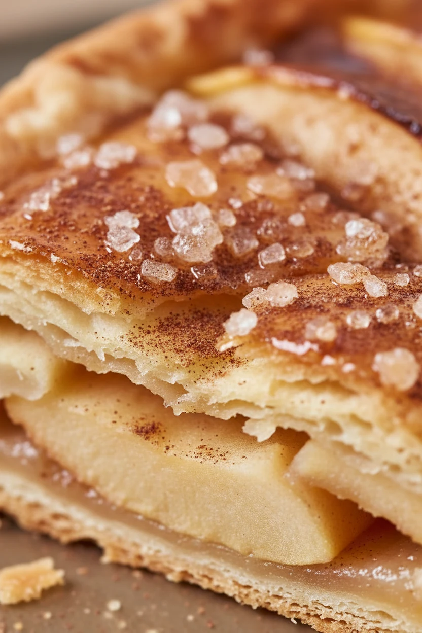 Extreme close-up of a cut slice showing shattering flaky puff pastry layers, caramelized apple edges dusted with cinnamo