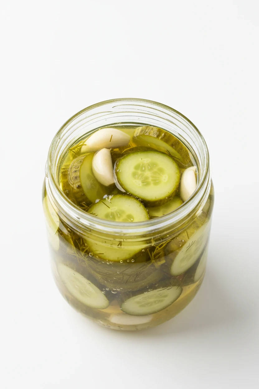 Overhead shot of a glass jar filled with quick pickled cucumbers, garlic cloves, and dill fully submerged in clear, tang