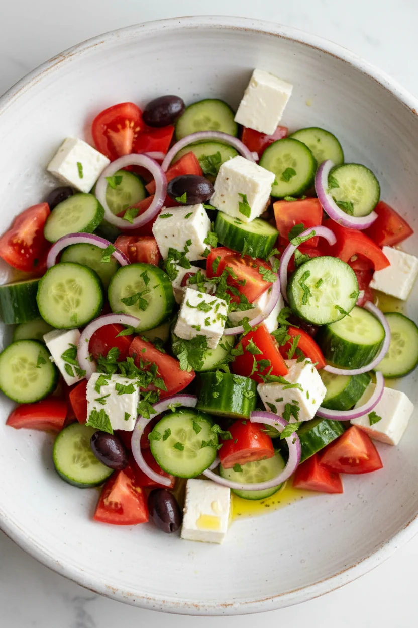 Overhead shot of Greek cucumber tomato salad in a large white ceramic serving bowl, arranged with a sprinkle of fresh pa