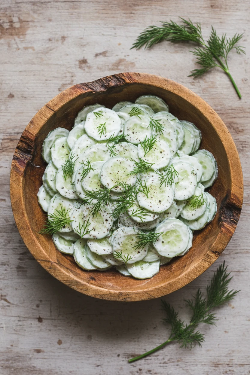 Overhead shot of the finished creamy cucumber dill salad served in a rustic wooden bowl, garnished with extra sprigs of 