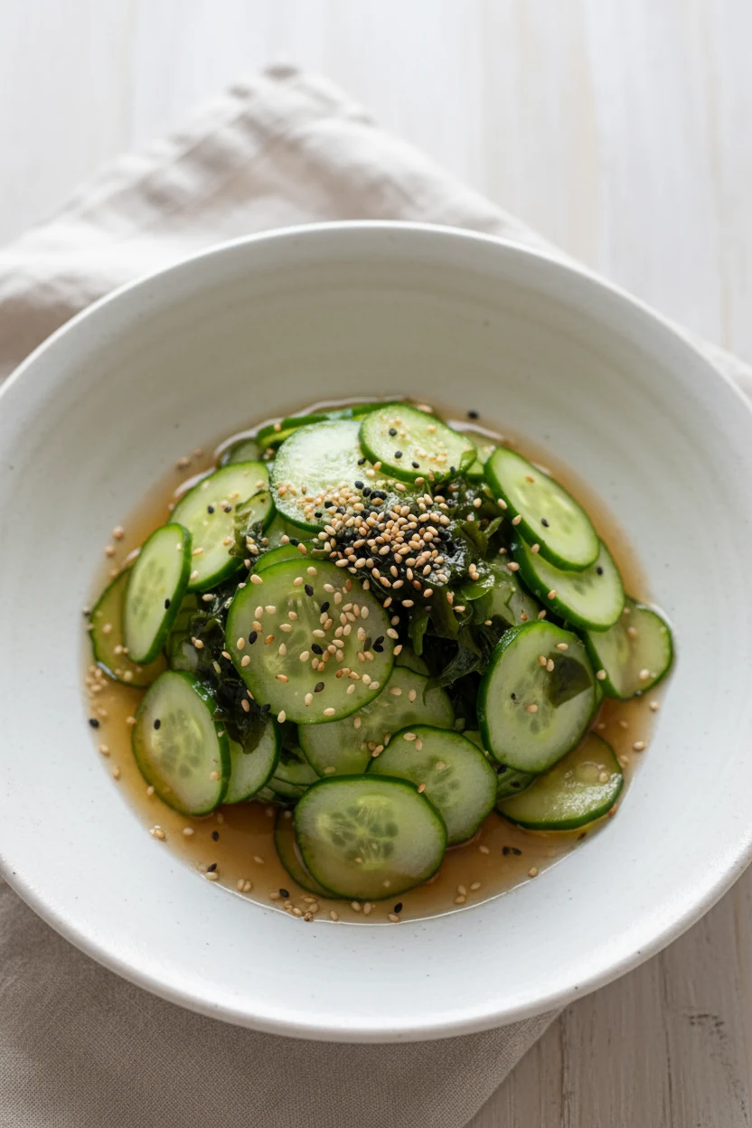 Overhead shot of Japanese cucumber salad in a minimalist ceramic bowl, garnished with wakame seaweed and sesame seeds, d
