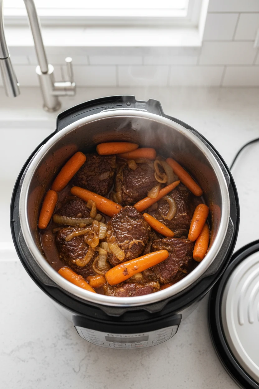 Overhead shot of Instant Pot full of cooked chuck roast, carrots, onions, and thickened gravy, vibrant orange carrots co