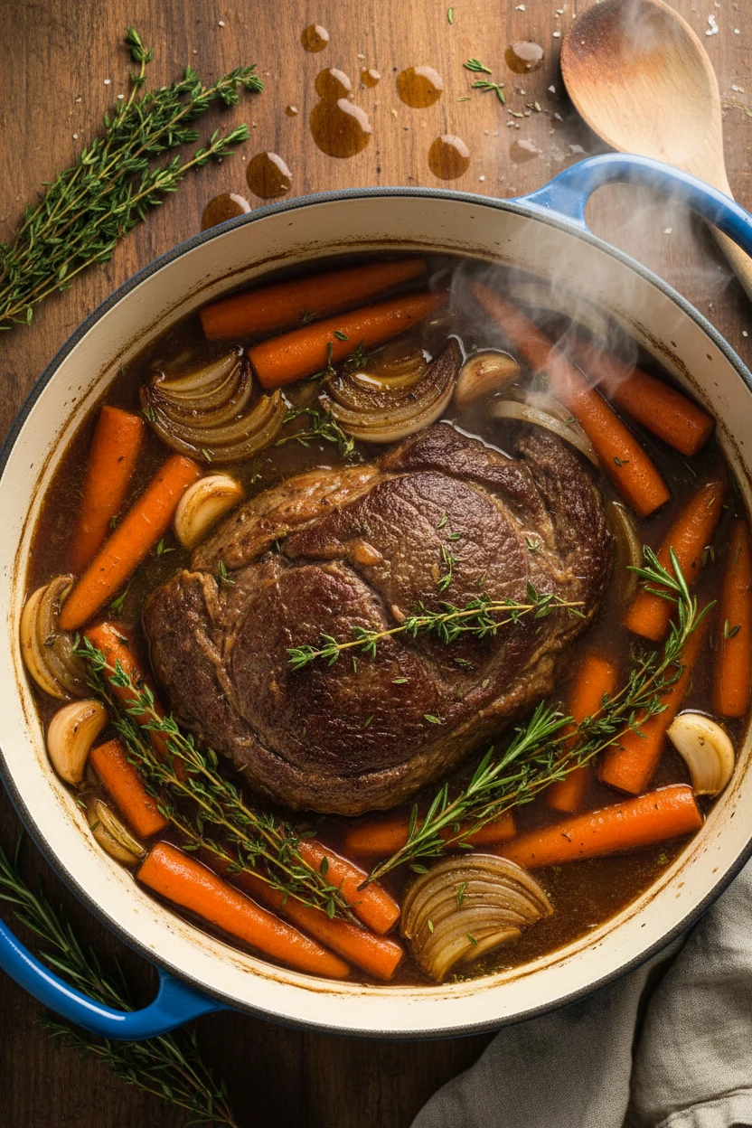 Overhead shot of slow cooker interior filled with fully cooked roast nestled among golden potatoes and bright orange car
