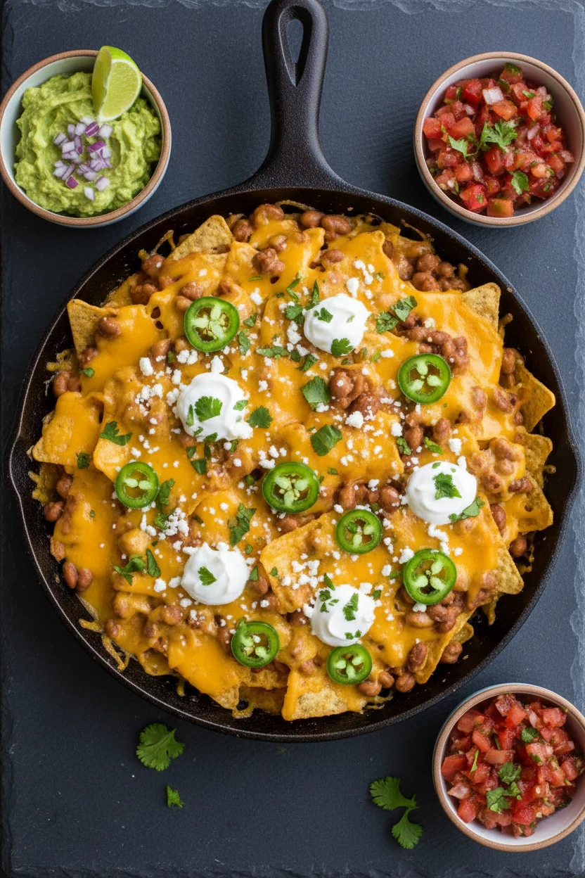 Overhead shot of loaded nachos on a dark cast-iron skillet, golden melted cheese binding layers of tortilla chips, refri