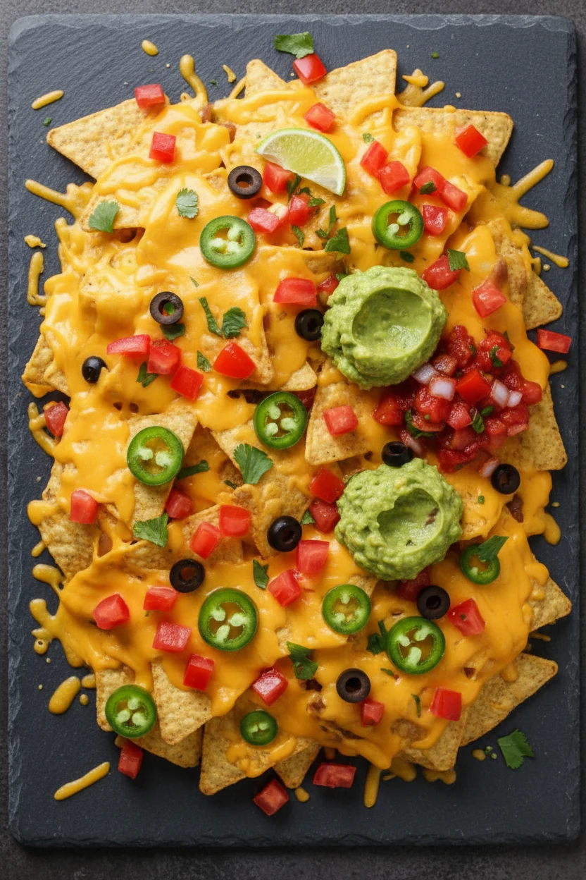 Overhead shot of a loaded nacho platter with gooey melted cheese, vibrant diced tomatoes, sliced jalapeños, black olives
