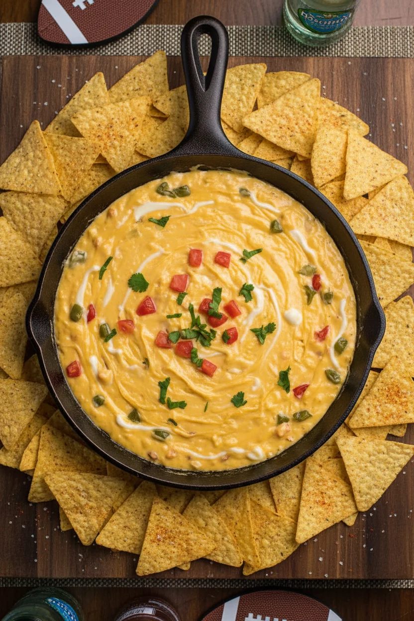 Overhead top-down shot of creamy queso dip in a wide cast iron skillet, silky melted blend of Velveeta and Monterey Jack