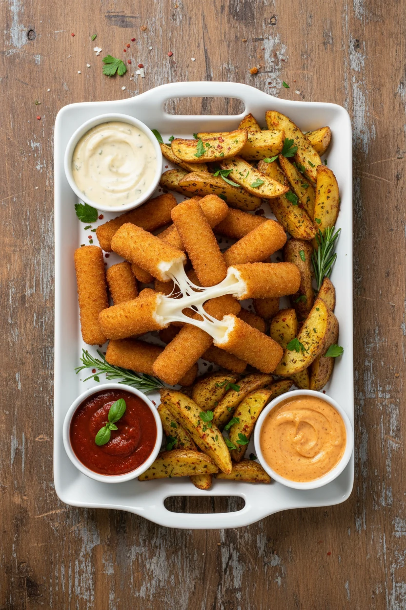Overhead shot of a game day platter featuring air-fried mozzarella sticks with melted cheese just starting to pull, arra