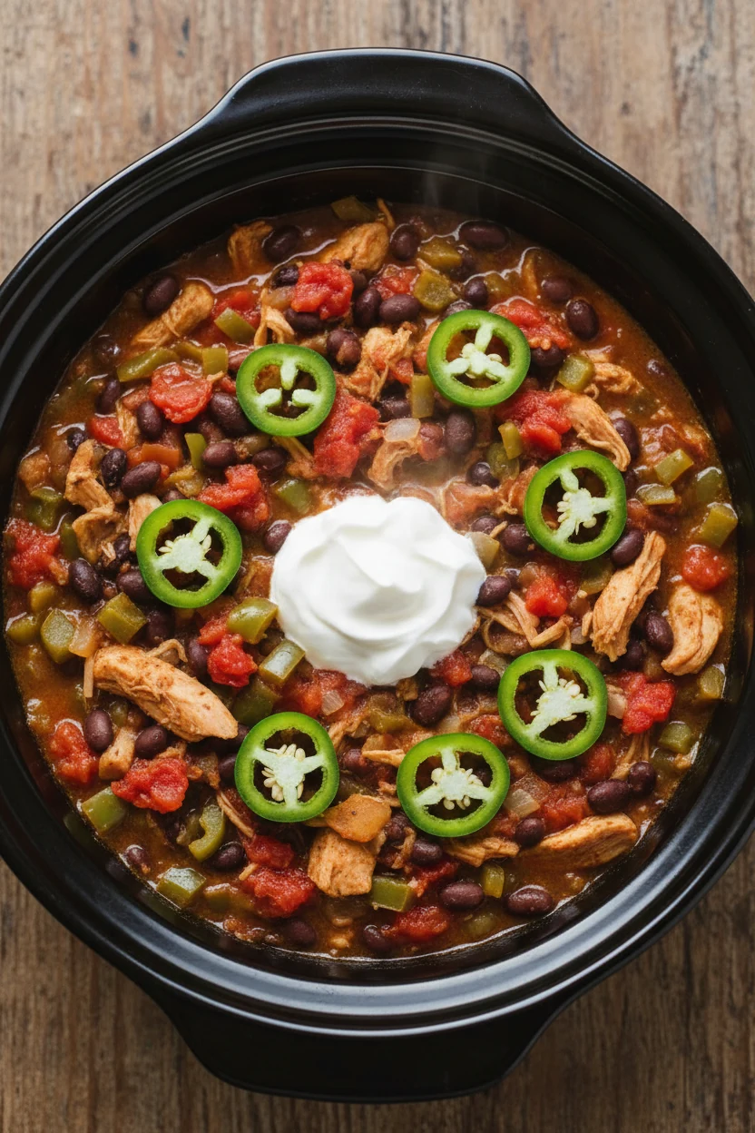 Overhead shot of game day crockpot stew with chicken, black beans, green peppers, and diced tomatoes, garnished with sli