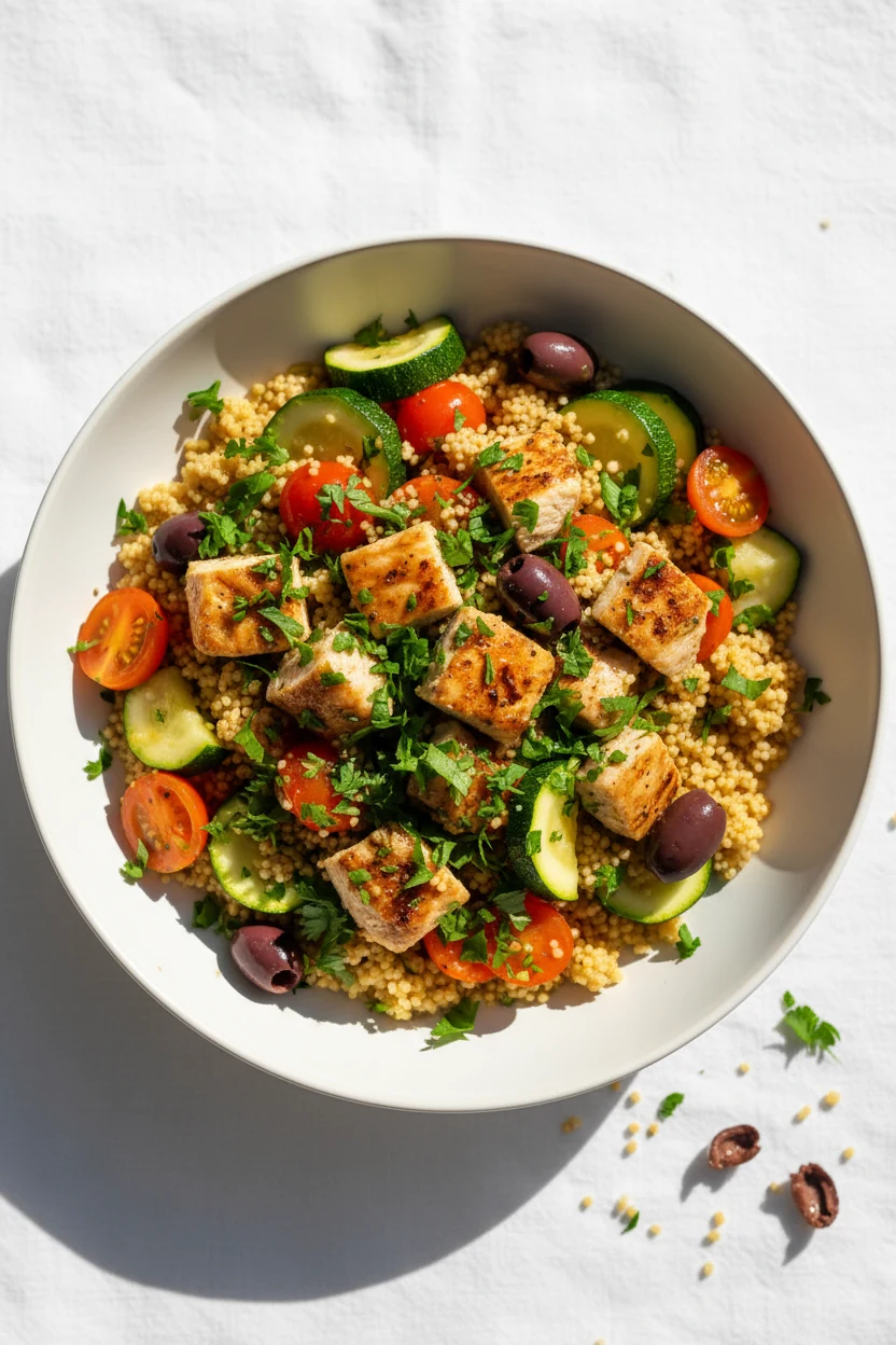 Overhead shot of the final Mediterranean chicken and vegetable couscous bowl, showing colorful mix of cherry tomatoes, z