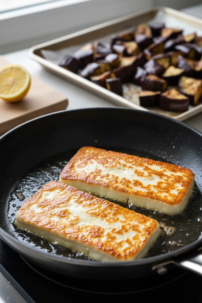 2. Cooking process: Halloumi for the Roasted Eggplant & Halloumi bowl pan-searing to a deep golden crust in a lightly oi