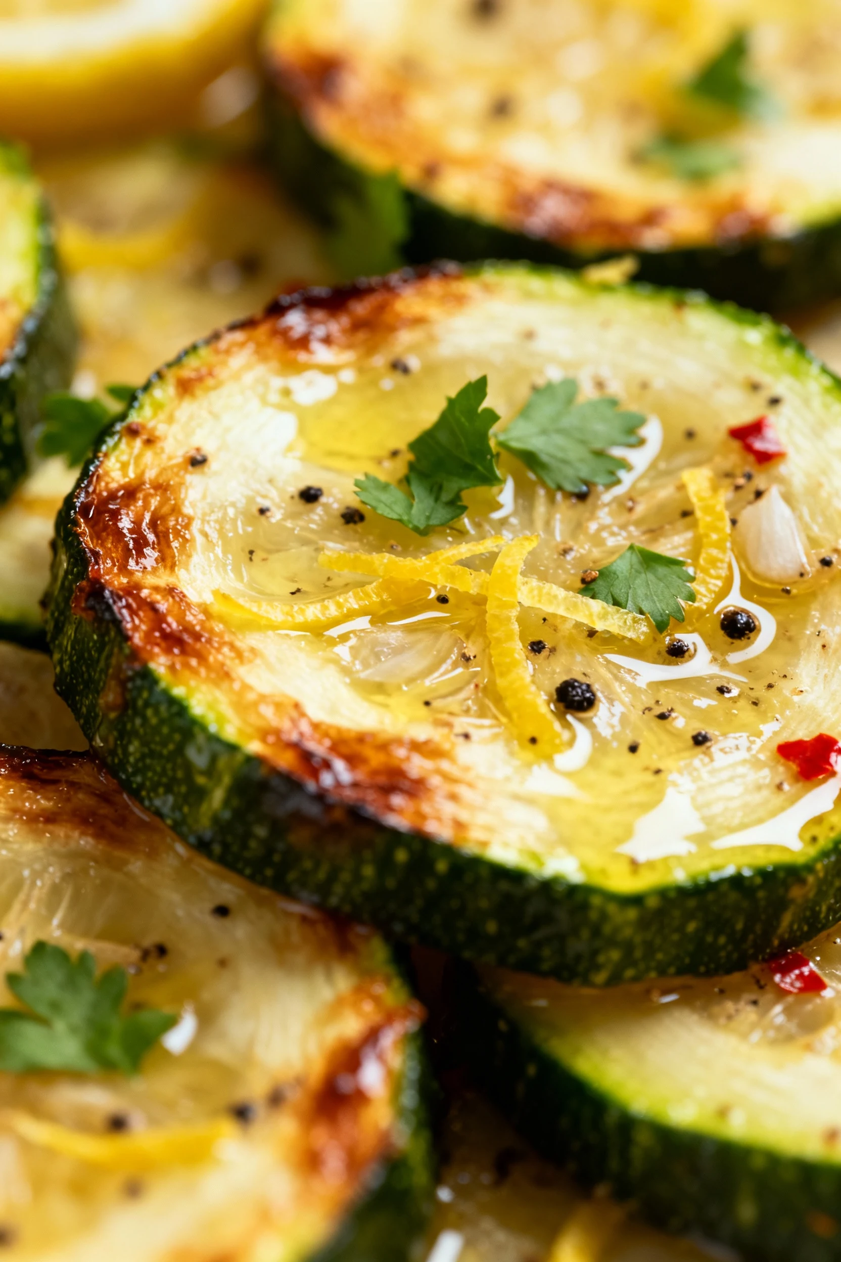 Close-up macro of crisp-tender zucchini and squash with caramelized edges, buttery garlic-lemon emulsion clinging, flake