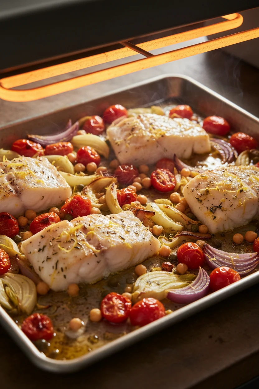 2. Cooking process: hot sheet pan under the broiler for the final 1–2 minutes—halibut atop blistered tomatoes, softened 