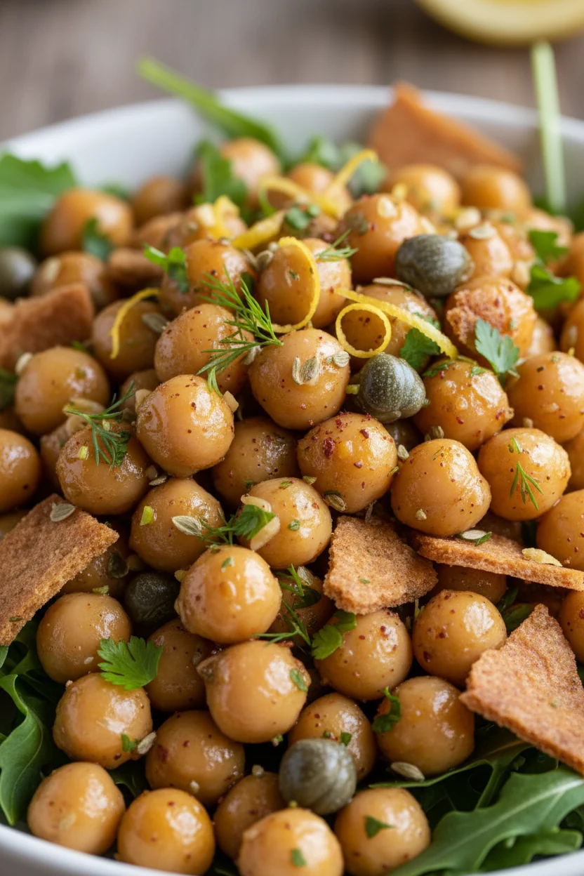 Close-up detail of Lemon-Herb Chickpea Crunch: arugula and chickpeas coated in lemon–garlic dressing with lemon zest; sp