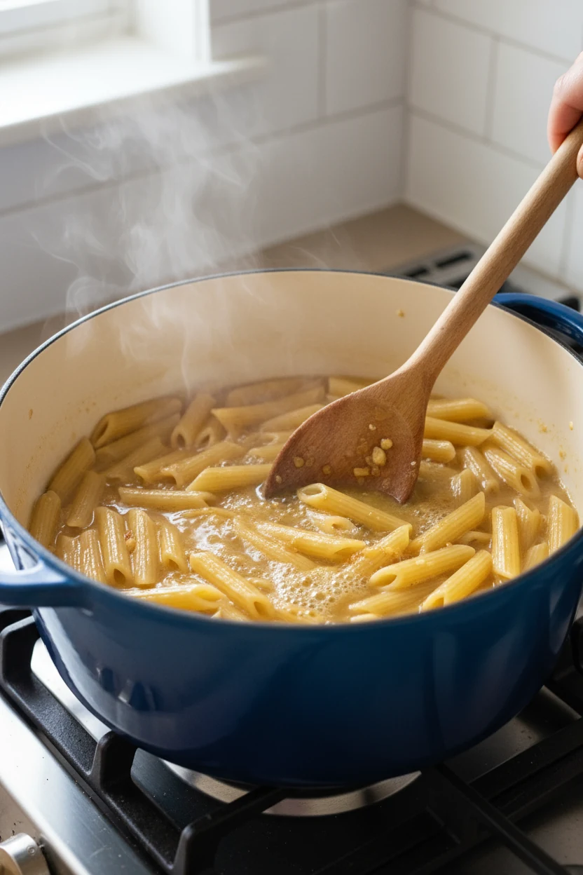 2. Cooking process: one-pot penne simmering in chicken broth after garlic has bloomed; steam rising as a wooden spoon st