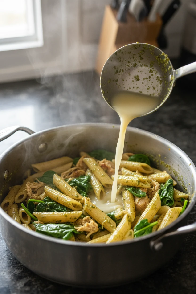 2. Cooking process — 5-Min Pesto Chicken Penne: penne folding into loosened pesto with starchy pasta water, shredded rot