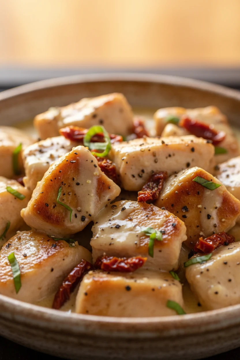 2. Close-up detail: golden-seared chicken pieces coated in velvety garlic-Parmesan sauce with sun-dried tomato bits, bas