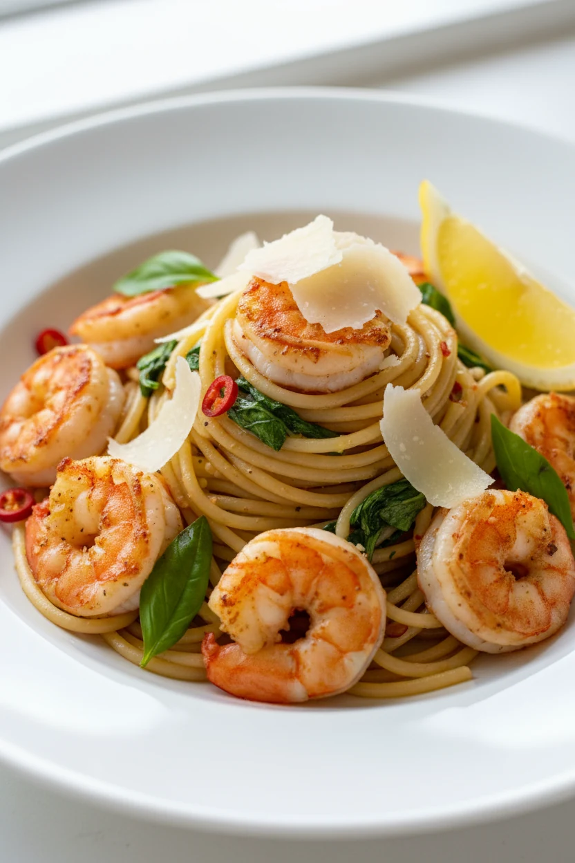 2. Beautifully plated Tomato‑Basil Shrimp pasta: al dente spaghetti in light balsamic‑lemon sauce, seared shrimp, basil 