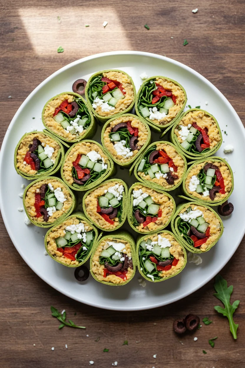 Tasty top view: Overhead shot of Mediterranean Chickpea Crunch Wrap pinwheels arranged on a white plate, revealing cream
