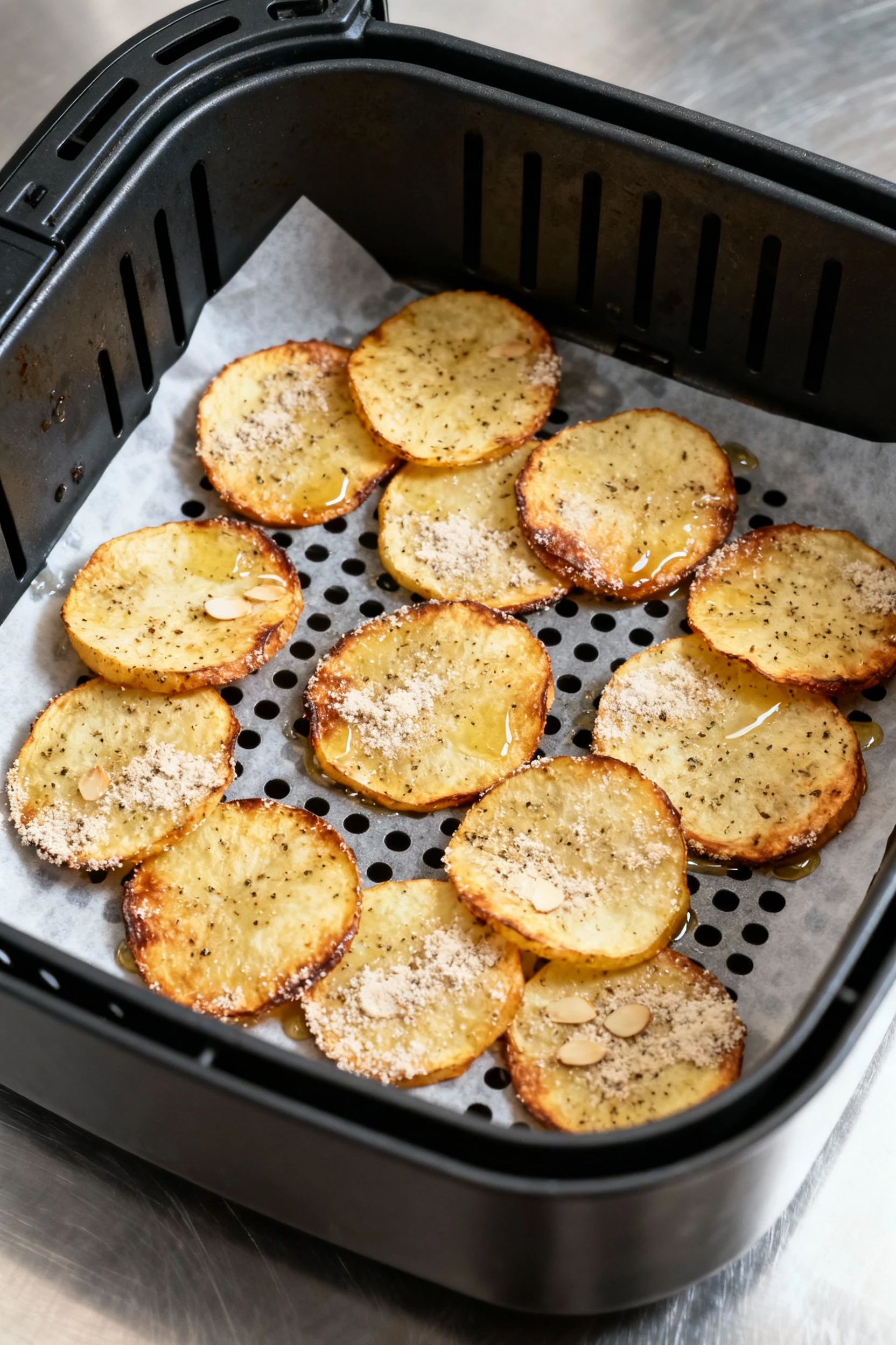 Cooking process: air fryer basket lined with perforated parchment, single layer of mandoline-thin seasoned rounds at 375