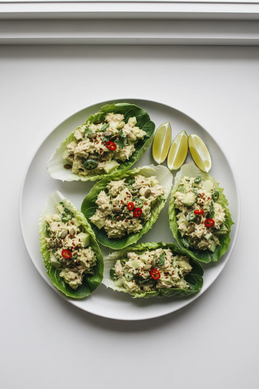 Overhead shot of Avocado Lime Crunch tuna salad tucked into crisp lettuce cups on a matte white plate—creamy green avoca