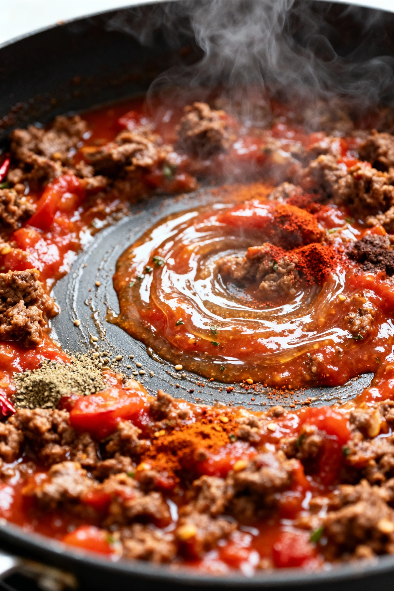 Cooking process — Close-up of post-pressure cook reduction: saucy taco meat simmering on Sauté with a visible swirl of c