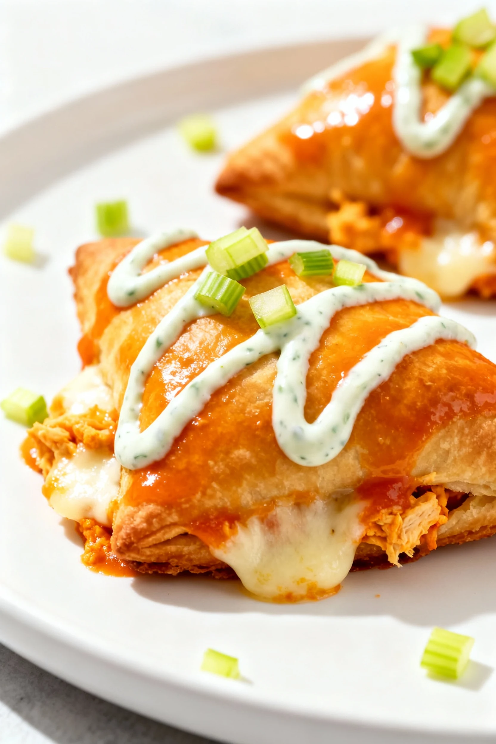 Beautifully plated Buffalo Chicken Crescent Bites with ranch drizzle and chopped celery, glossy orange buffalo sheen, me