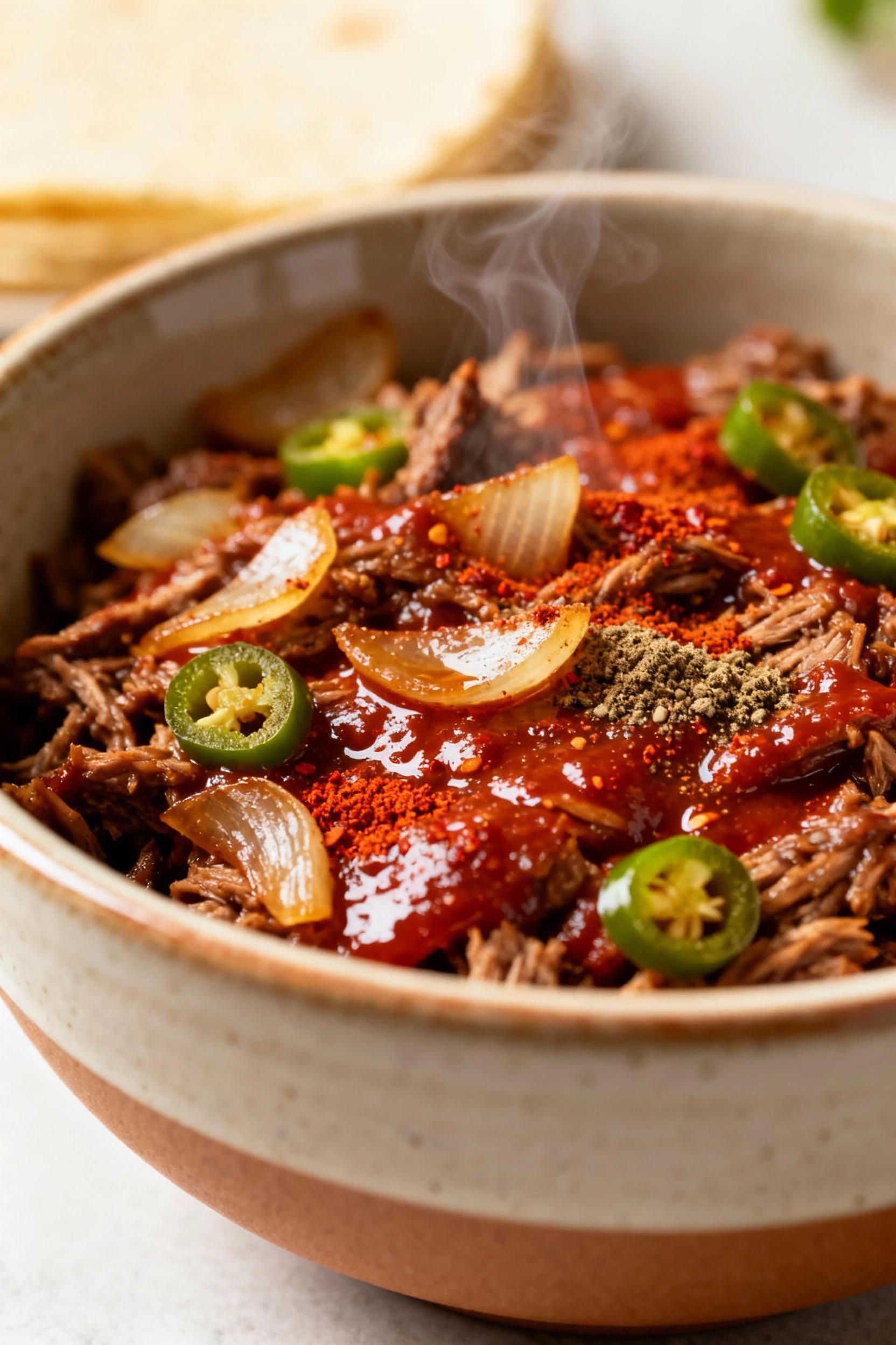 Close-up of finished slow-cooker taco meat, glossy reddish-brown with flecks of chili powder, cumin, smoked paprika, and
