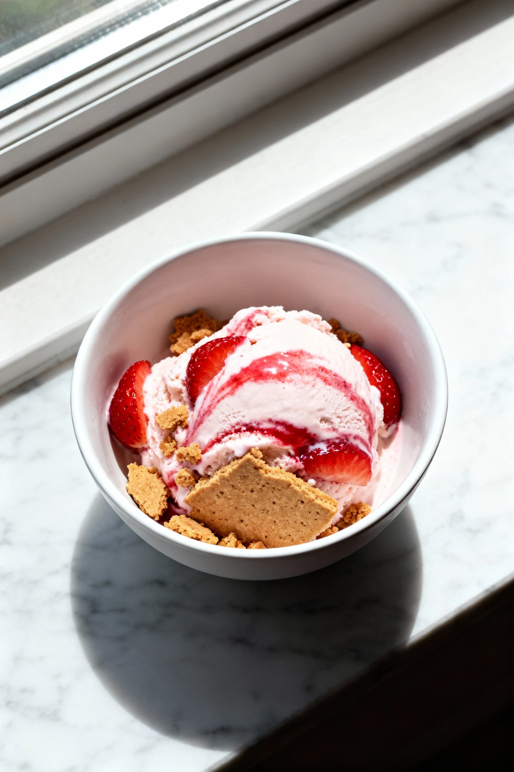 2. Overhead shot of strawberry cheesecake keto ice cream with vivid strawberry swirls and sugar-free graham-style cookie