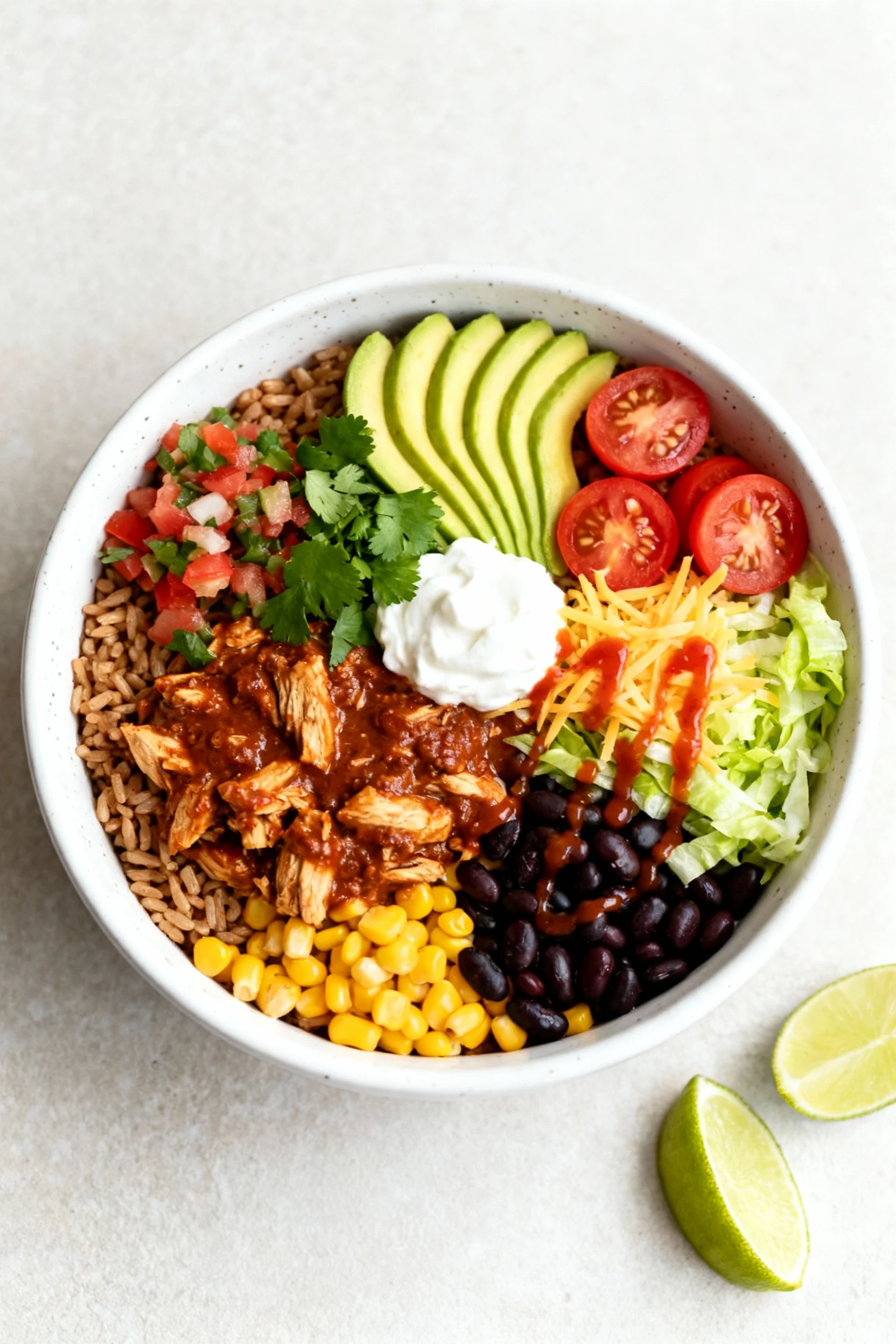 Overhead final bowl: brown rice topped with saucy turkey, black beans, corn, shredded lettuce, cherry tomatoes, avocado
