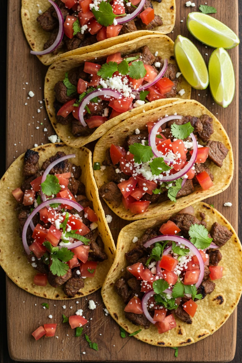 Overhead shot of carne asada tacos arranged on a rustic wooden board, topped with diced tomatoes, sliced red onions, and